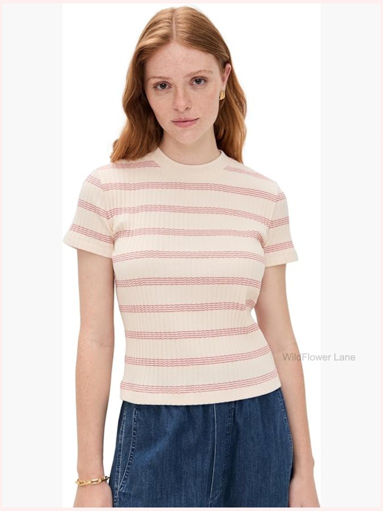 Striped Short Sleeve Crew Neck Top Fitted Cotton Spandex T-Shirt